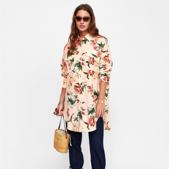 Zara Tops - Zara Floral Button Down Tunic Top L Longline Shirt Dress Boho Cottagecore Chic